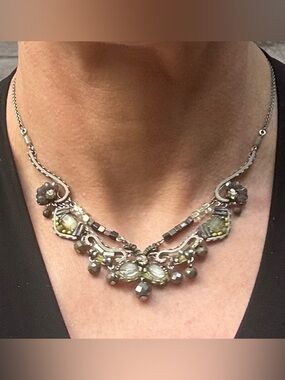 NWOT Ayalabar Antique-Inspired Silver Necklace with Green and Gray Beads
